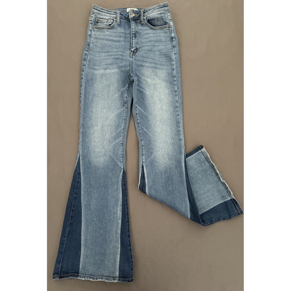 CELLO Jeans Women Size 7 Blue Colorblock Flare Bell Bottoms High Rise Y2K Style